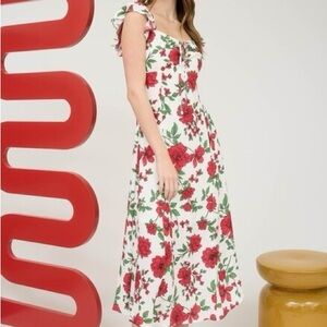 Chic Floral Midi Dress in Red and White
